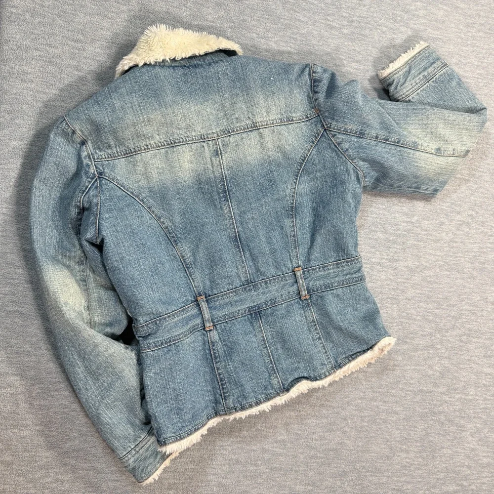 Arizona Jacket‎ Girls 14 Blue Denim Faux Fur Lined Sherpa Trucker Winter Coat